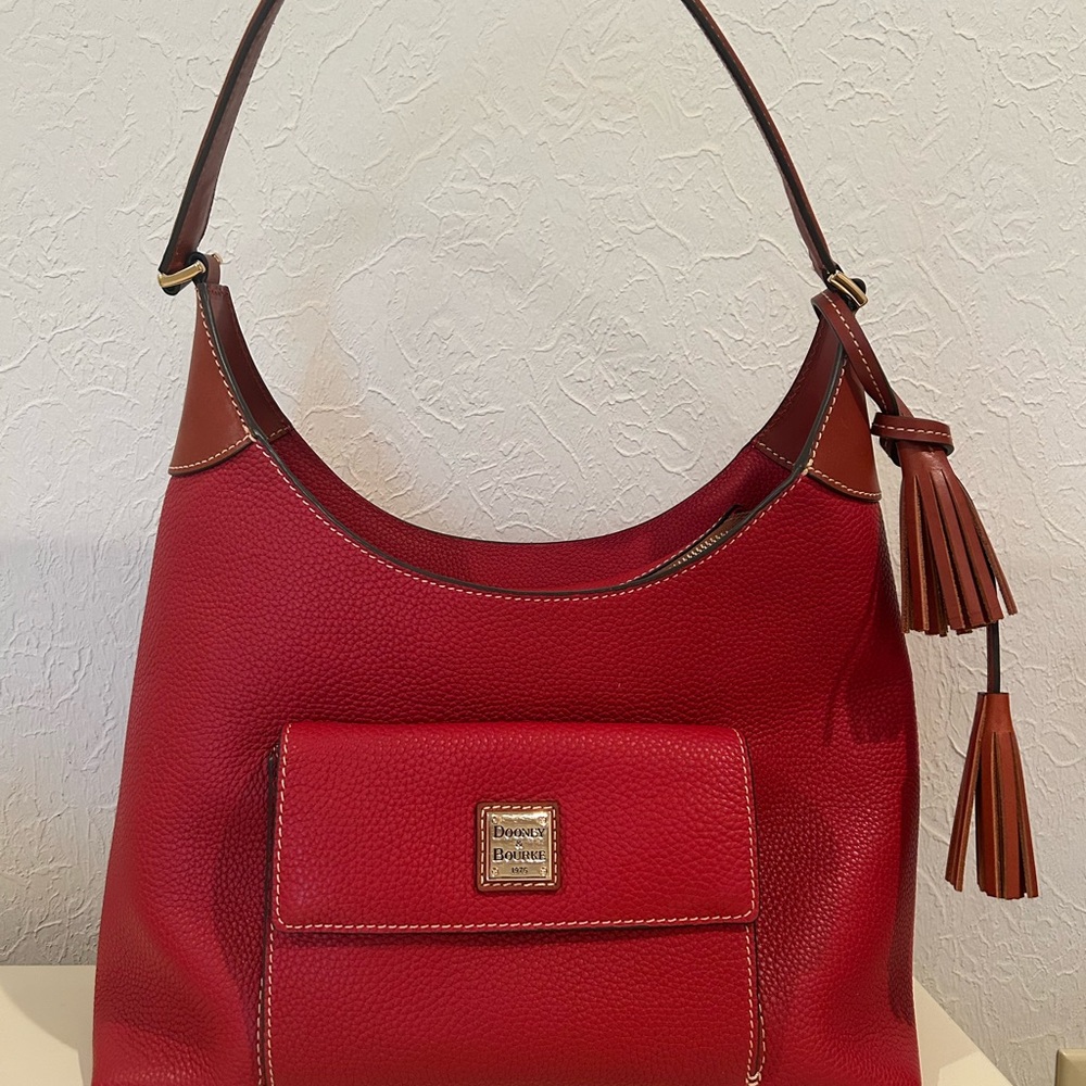 Dooney & Bourke Red Leather Hobo Shoulder Bag with Brown Trim and Tassel